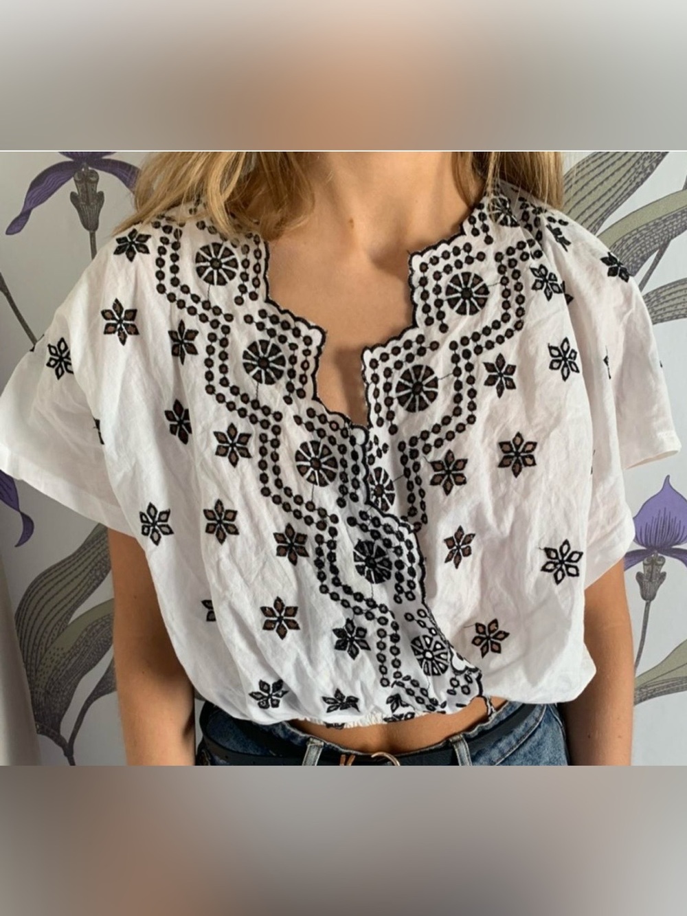 Zara Embroidered Blouse White Black Scalloped Neck Cotton Boho Top Womens Small